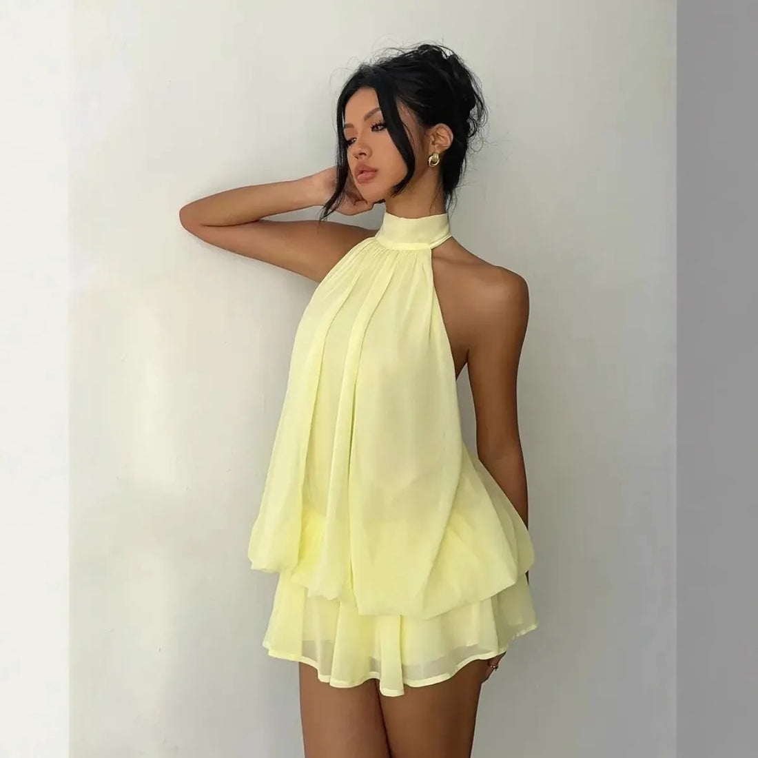 Saashi Halter Backless Mini Dress Sheer Tie Front Party Outfit
