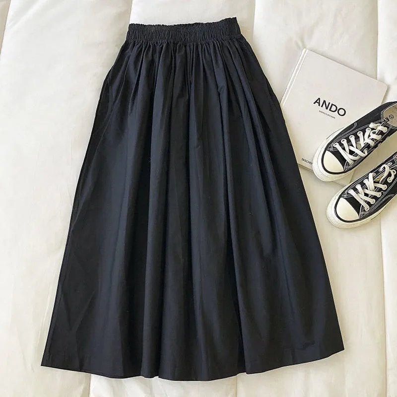 Saashi Women's Black Midi Skirt High Waist Korean Style Pleated A-Line Skirt.