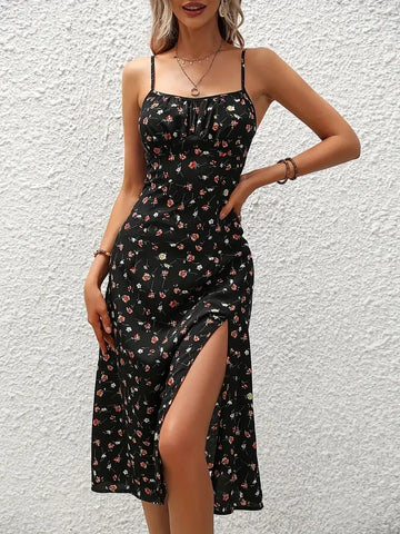 Saashi Floral Strap Dress Square Neck Slit Beach Style