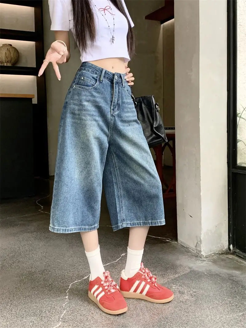 Saashi Summer American Style Vintage Women Baggy Jeans Y2k Loose Washed Shorts.