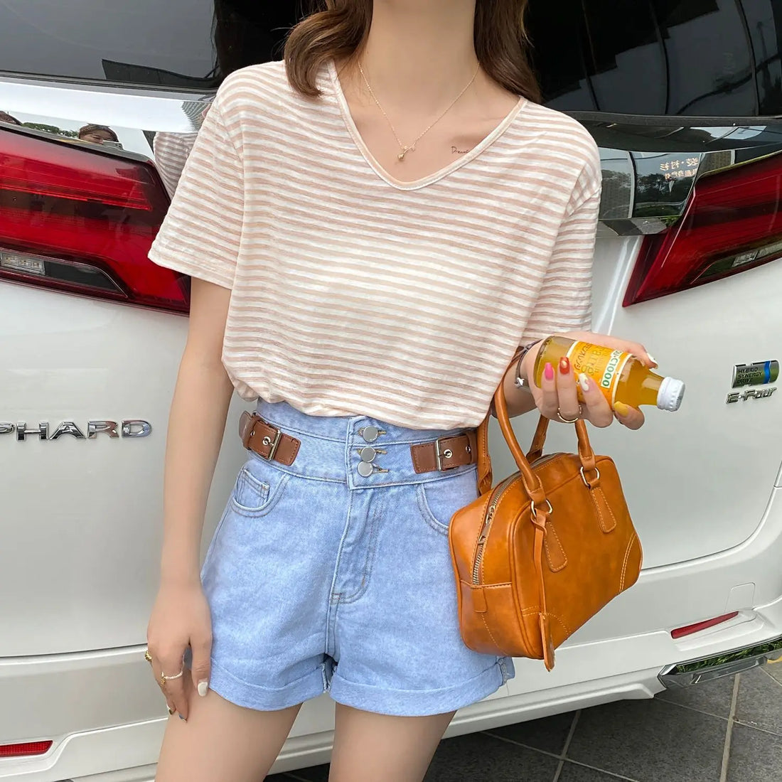 Saashi Striped Short Sleeve V-Neck Top – Loose Thin Style Ice Silk Cotton Linen Blouse for Women