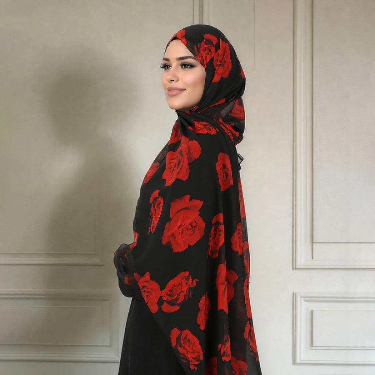 Saashi Rose Printed Chiffon Hijab Scarf for Muslim Women Floral Headscarf Premium Fashion Wrap