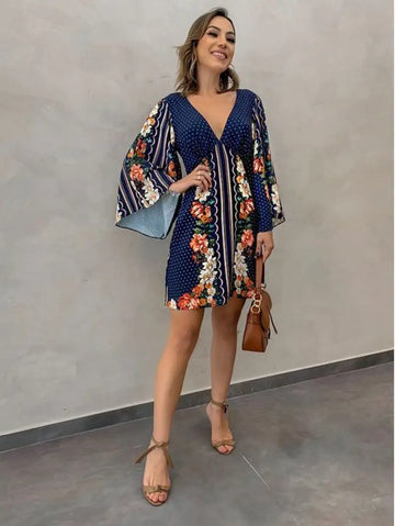 Saashi Floral A Line Dress Deep V Neck Elegant Long Sleeve Style