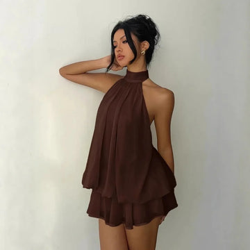 Saashi Halter Backless Mini Dress Sheer Tie Front Party Outfit