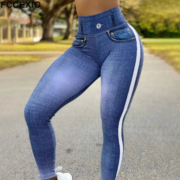 Saashi FCCEXIO Denim Print High Waist Leggings Sports Fitness Tights