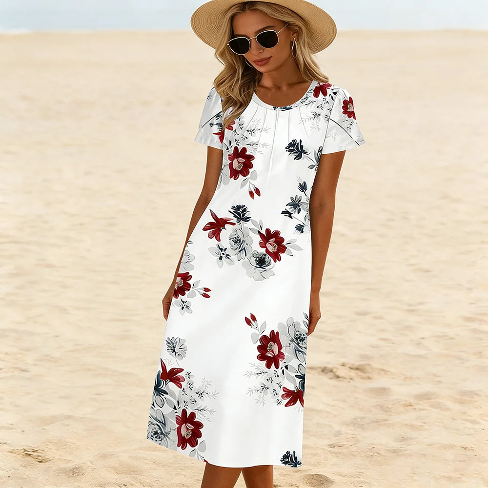 Saashi Floral Midi Dress Short Sleeve Casual Beach Outfit