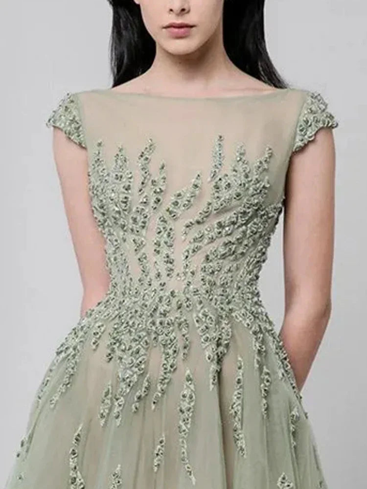 Saashi Sheer Boat Neck Tulle Evening Dress – Applique Beaded Floor Length Prom Gown for Women