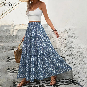 Saashi Women's Flower Print Long Skirt Summer High Waist Maxi Pleated Skirt.