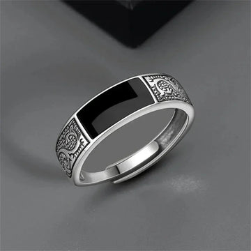 Saashi Vintage Silver Ring for Men Black Rectangle Dragon Pattern Adjustable Jewelry