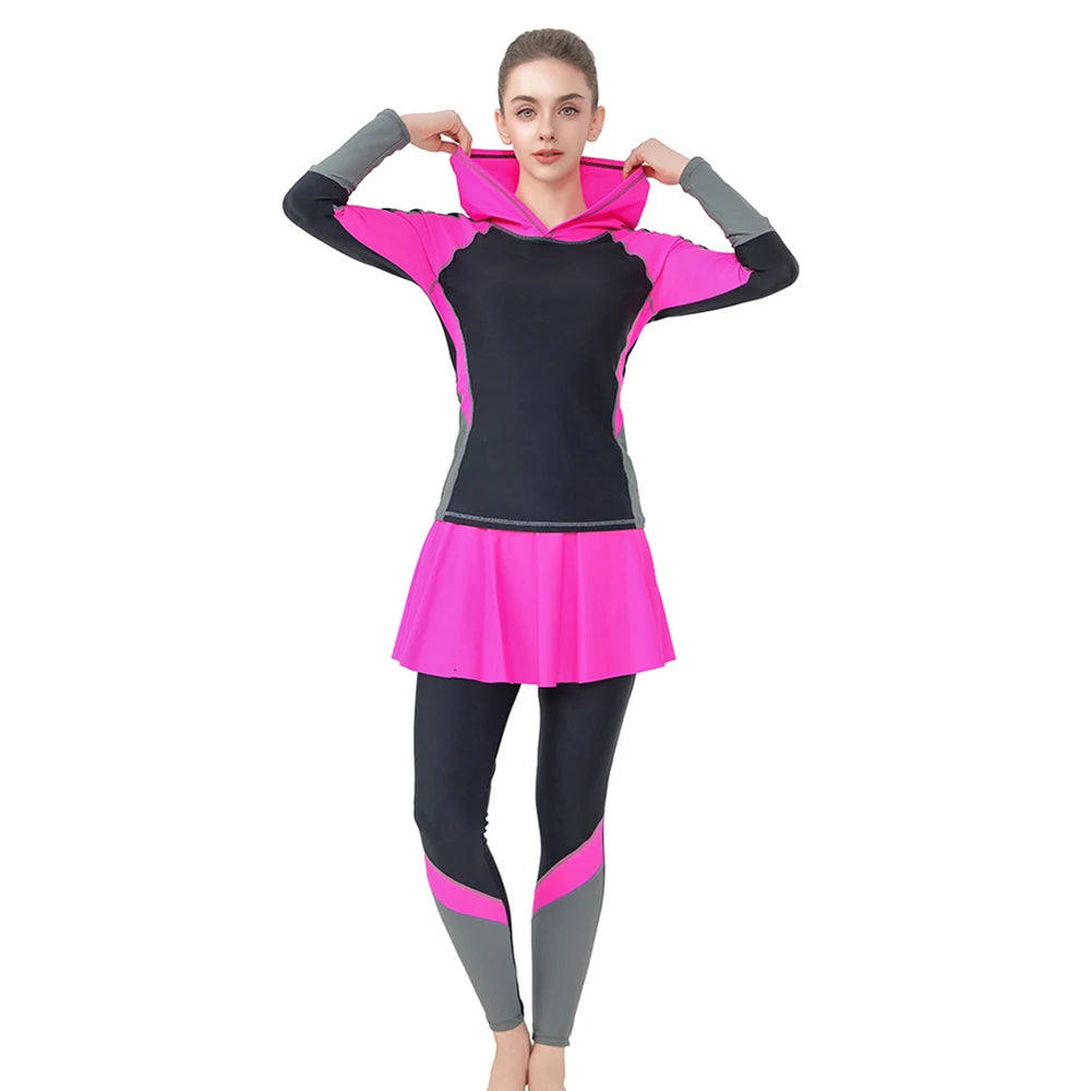 Saashi Conservative Two-Piece Long Sleeve Swimsuit with Sun Protection Hat for Women