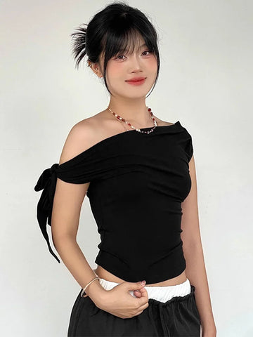 Saashi One Shoulder Crop Top Backless Twist Summer Casual Style