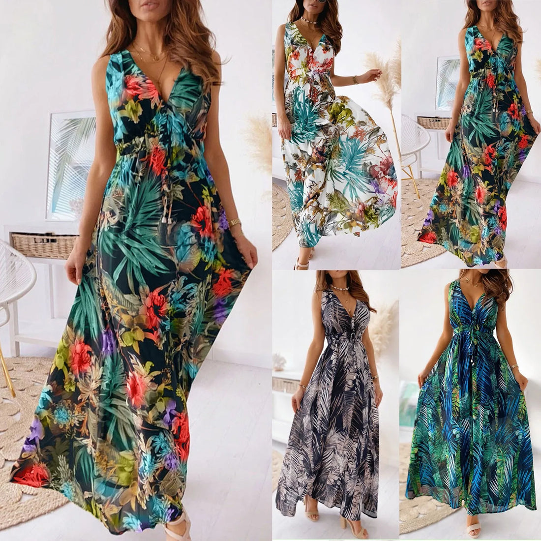 Saashi Floral Print Boho Maxi Dress – Elegant Vintage Style Evening Sundress for Women