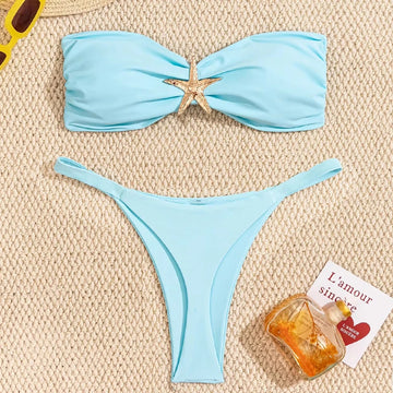 Saashi Sexy Bandeau Bikini Set Sky Blue Starfish Ornament Push Up Thong Swimsuit.
