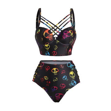 Saashi Women's Skull Print Bikini Set with Crisscross Straps