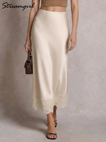 Saashi Women's Satin Long Lace Skirt Summer Elegant Bodycon Champagne Maxi Skirt.