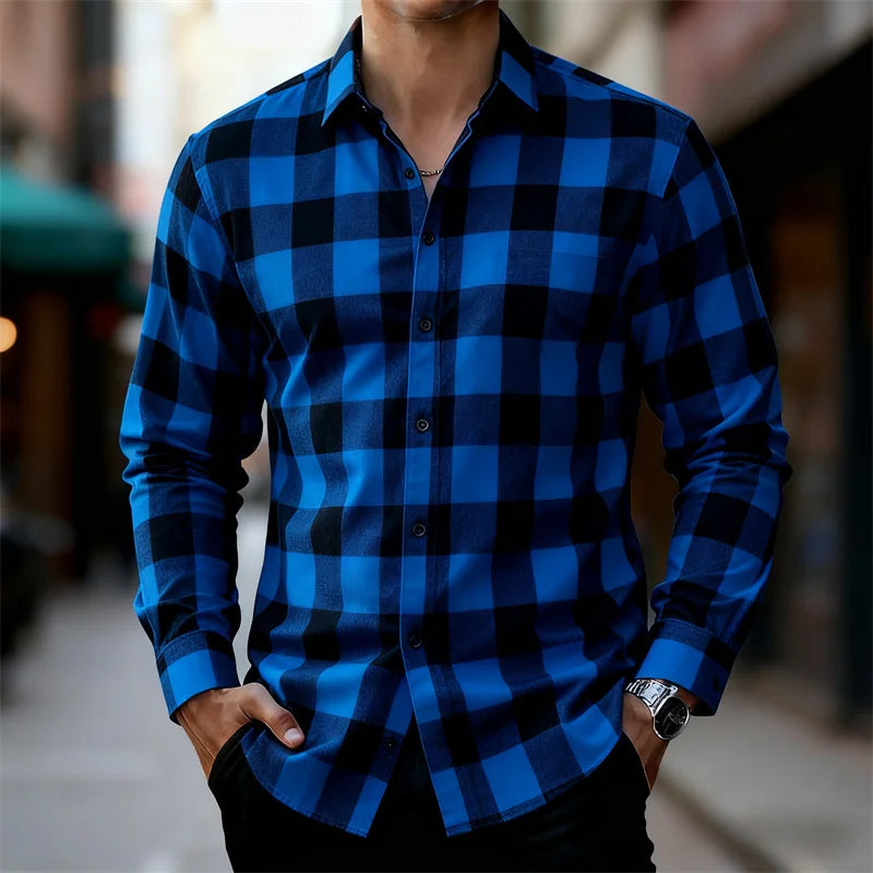 Saashi Men's Classic Plaid Long-Sleeve Retro Casual Shirt