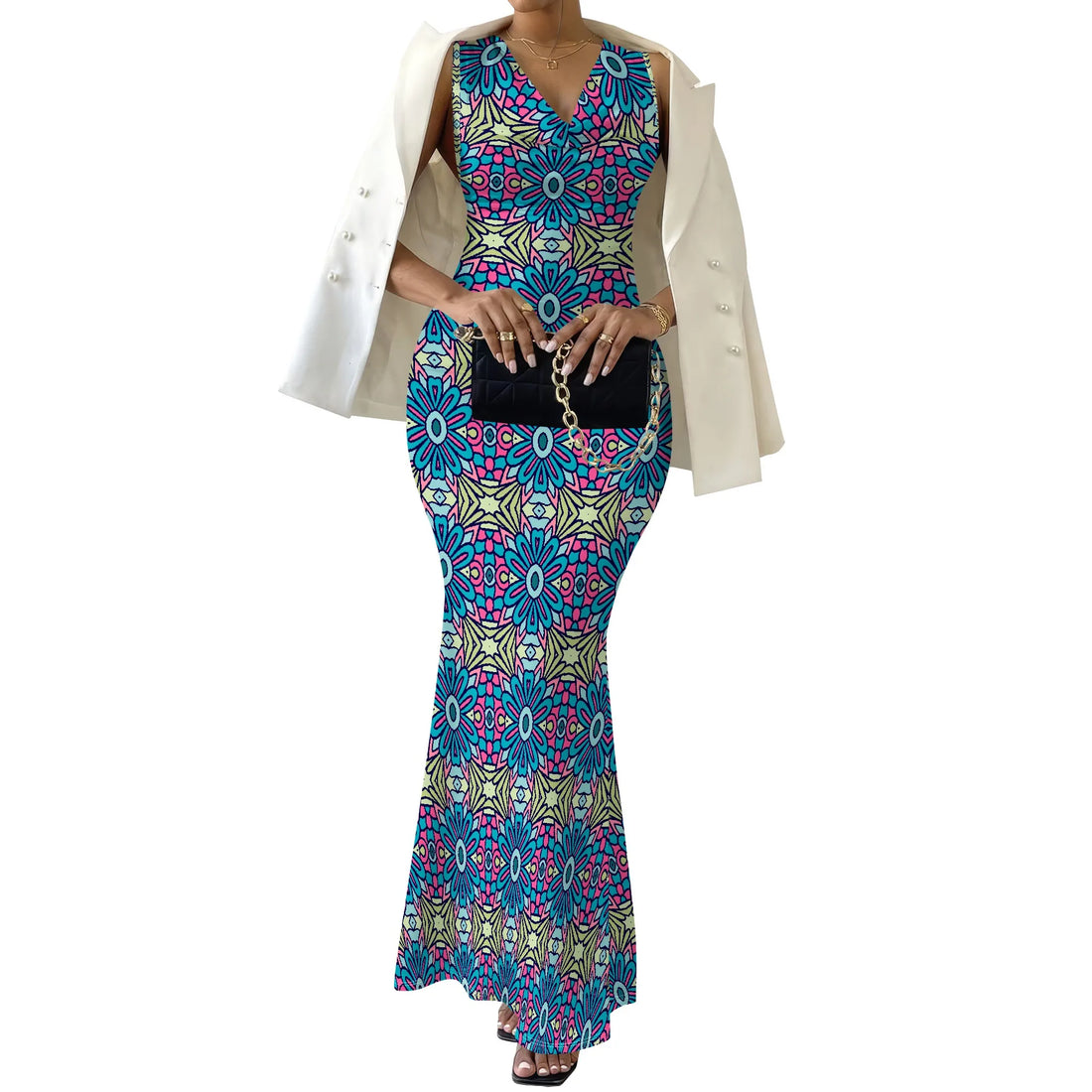 Saashi Elegant Floral Print Maxi Dress – Bodycon Evening Gown for Women Sizes XS to 2XL