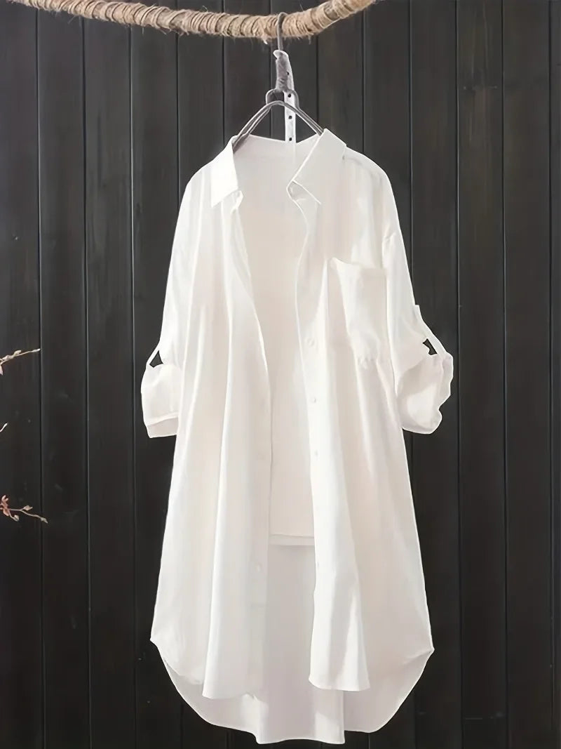 Saashi Plus Size Solid Button Up Blouse for Women with Roll-Up Sleeves and Stretch Fit