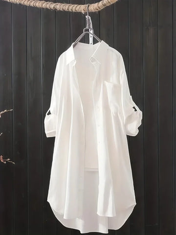 Saashi Plus Size Solid Button Up Blouse for Women with Roll-Up Sleeves and Stretch Fit