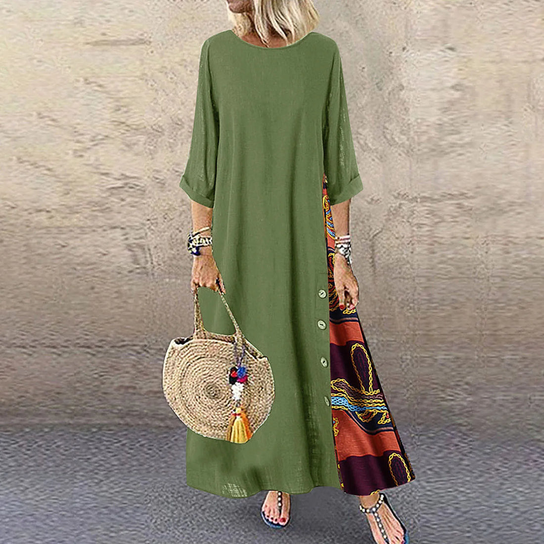 Saashi Vintage Print Maxi Dress – Elegant Black Red O-Neck Casual Streetwear for Women