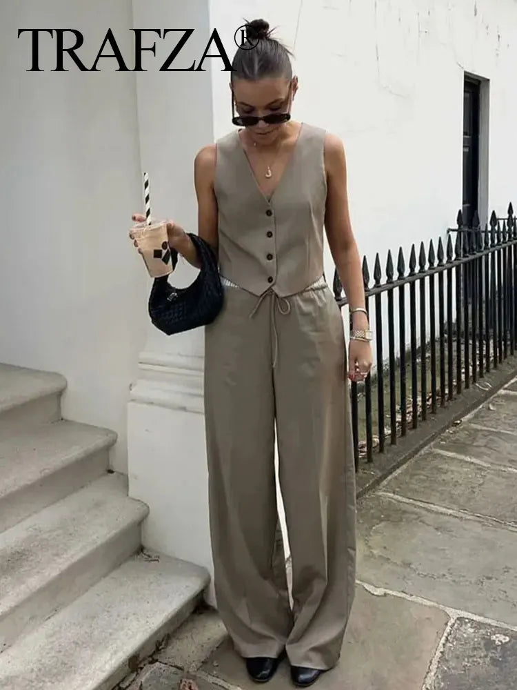 Saashi Women’s V-Neck Vest Top and Wide Leg Pants Set with Drawstring Waist Trousers