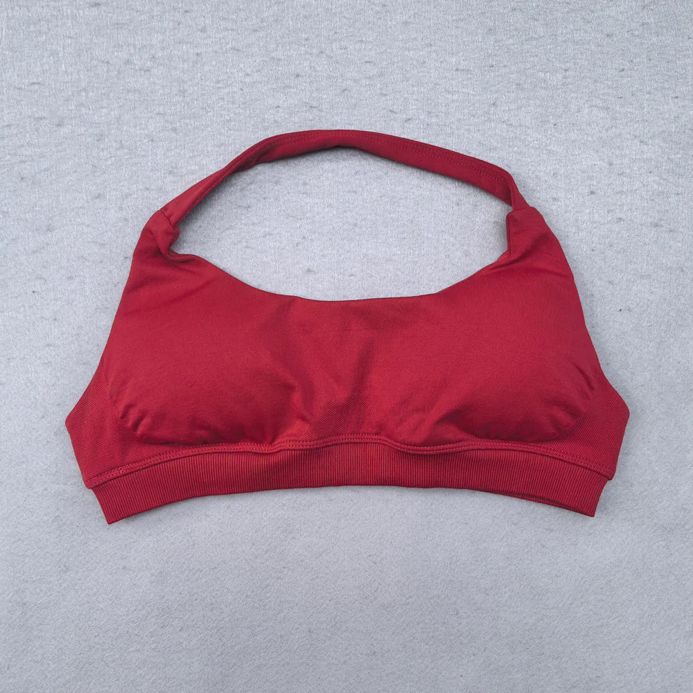 Saashi Seamless Halter Neck Sports Bra – Padded Open Back Crop Top for Women Yoga and Gym
