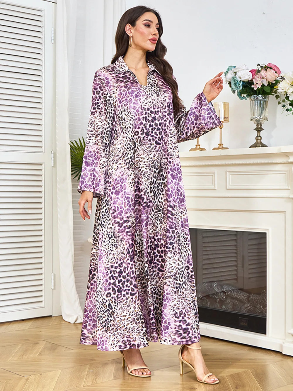 Saashi Eid Party Abaya Dress for Women Muslim Long Sleeve Leopard Print Kaftan Robe