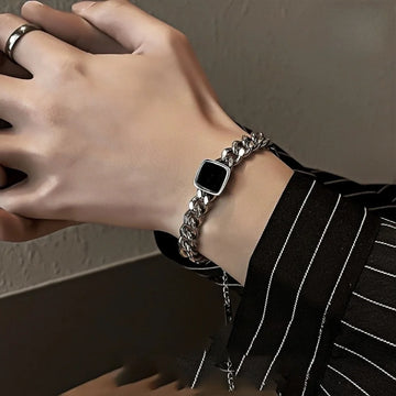 Saashi Retro Square Black Gemstone Men Bracelet Hip Hop Thick Stainless Steel Cuban.