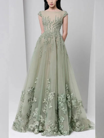 Saashi Sheer Boat Neck Tulle Evening Dress – Applique Beaded Floor Length Prom Gown for Women