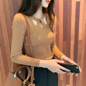 Saashi Sexy Hollow Out Knitted Long Sleeve Thin Sweater Top for Women Casual Streetwear Blouse