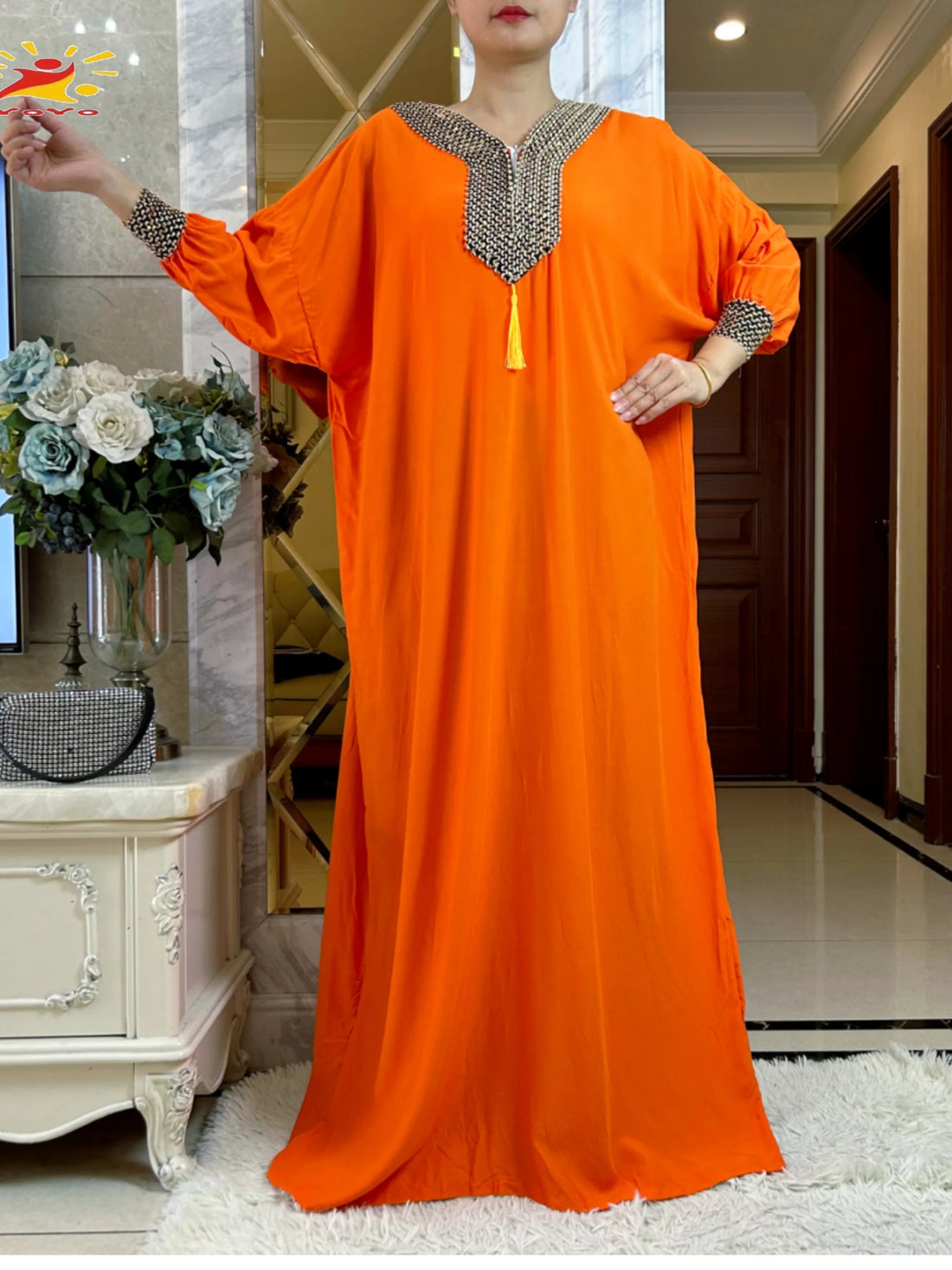 Saashi Cotton Maxi Muslim Dress for Women with Long Sleeves and Big Scarf Abaya Style