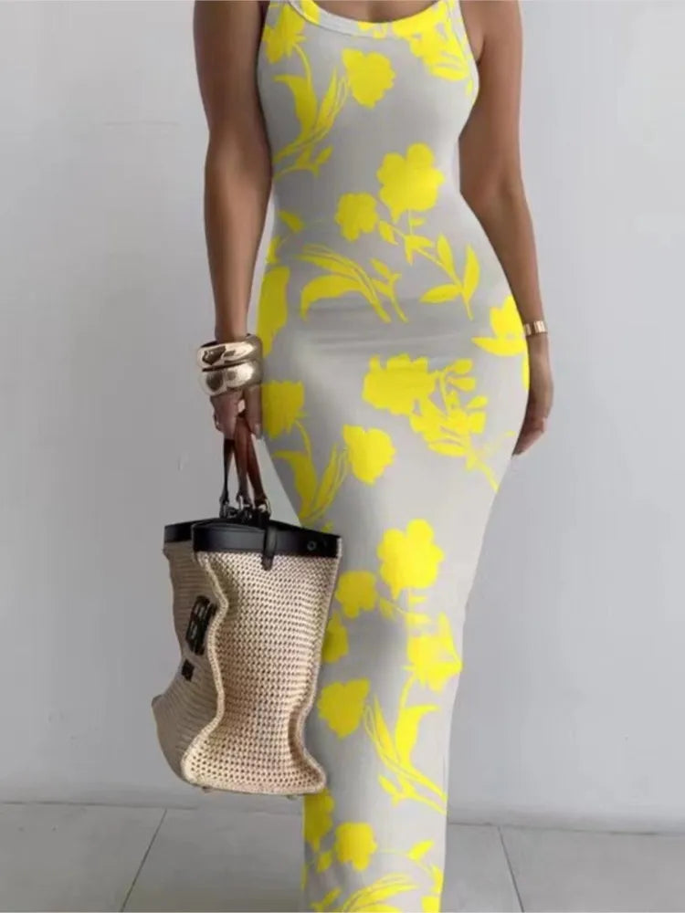 SAASHI Dresses Spaghetti Strap Color Printed Long Evening Maxi Dress