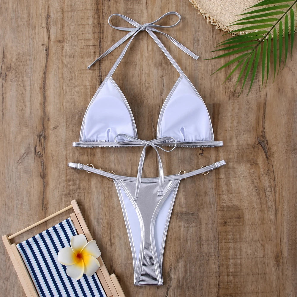 Saashi Solid Halter Micro Bikini Set - Brazilian Thong Swimsuit