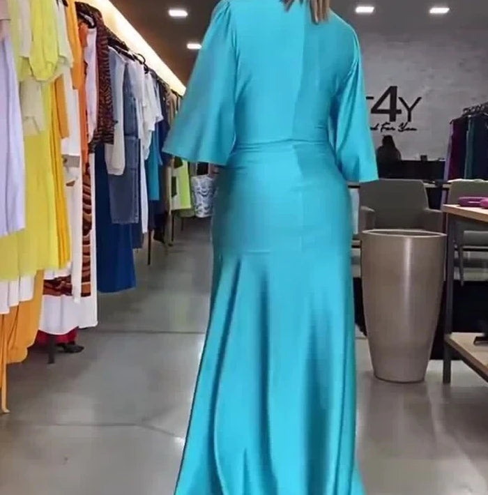 Saashi Elegant Solid A-Line Maxi Dress – V-Neck Long Sleeve Loose Hem Party Wear for Women
