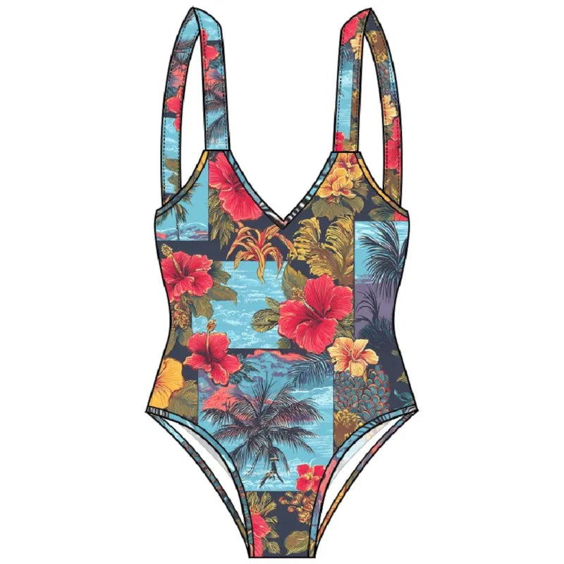 Saashi Women's Printed One-Piece Swimsuit with V-Neck and Backless Design