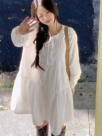 Saashi White Shirt Dress Loose Belted Korean Style Outfit