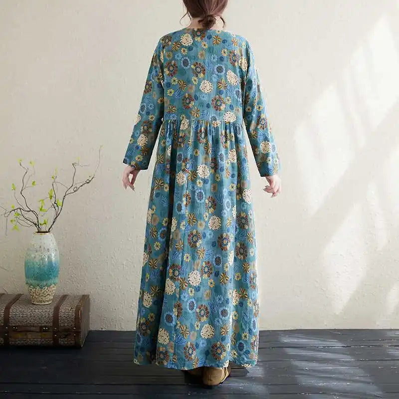 Saashi Cotton Linen Maxi Dress Vintage Boho Autumn Style