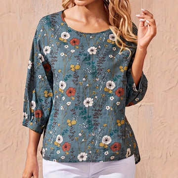 Saashi Plus Size Floral Print Round Neck Lantern Sleeve Loose Fit Women's Casual Office Top