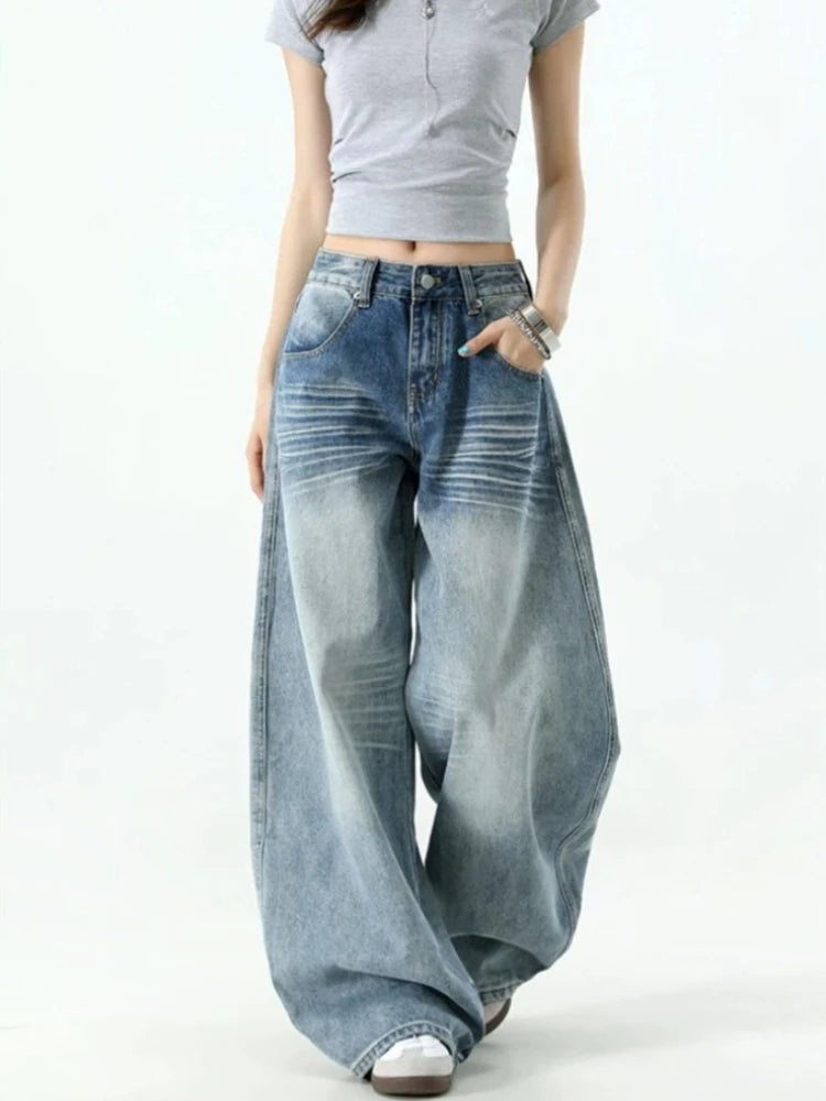 Saashi Women's Vintage Chicly Button Jeans American Baggy High Waisted Wide Leg.