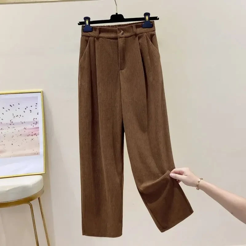 Saashi Corduroy Wide Leg Pants for Women Vintage High Waist Black Baggy Straight Trousers