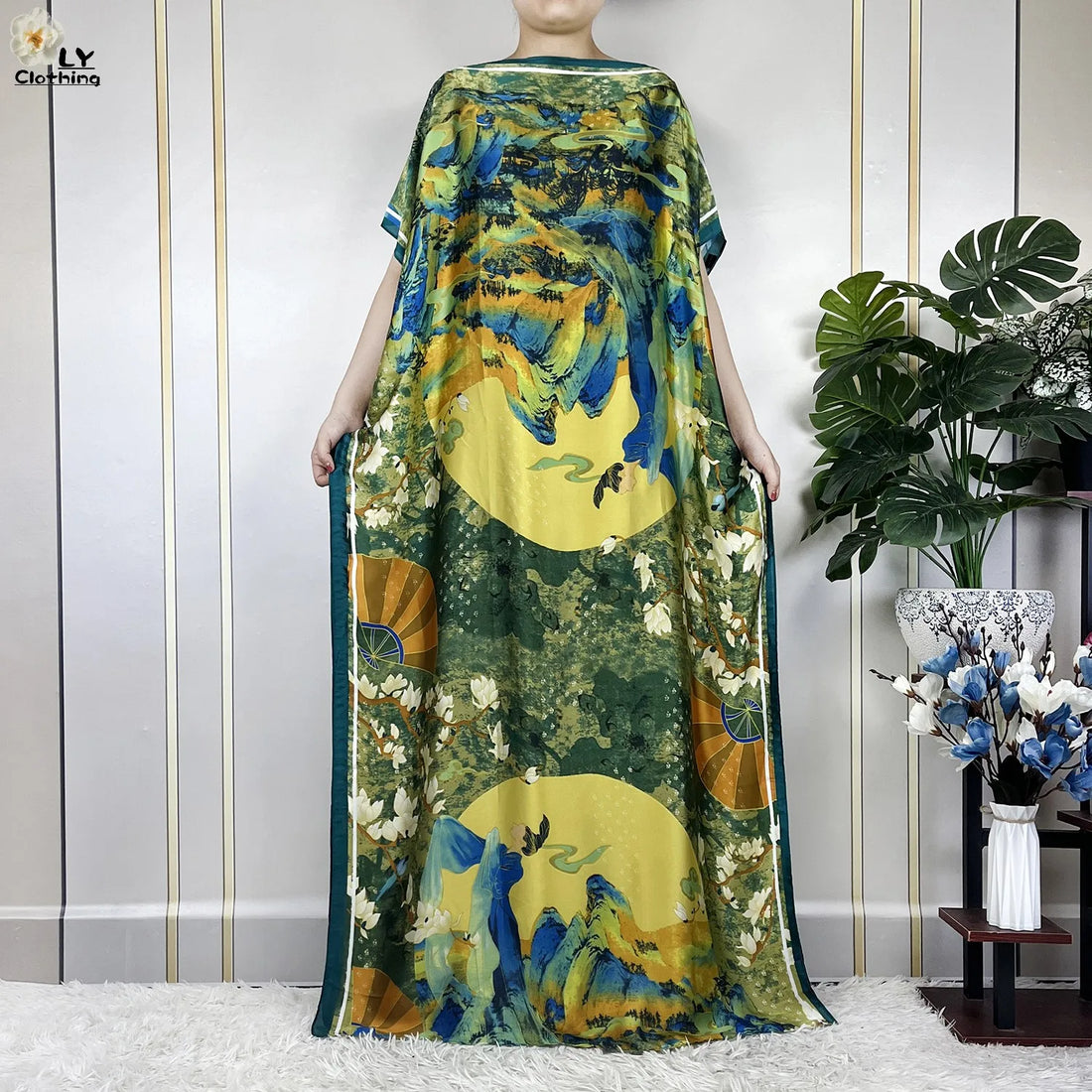 Saashi Muslim Abaya for Women Printed Silk Loose Maxi Dress with Belt and Turban