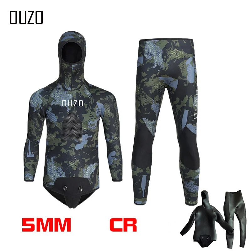 Saashi 5MM Men’s Neoprene Camo Wetsuit Two-Piece Hooded Warm Diving Surfing Snorkeling Suit