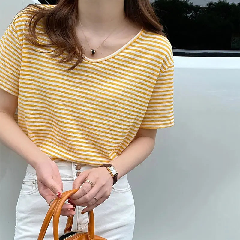 Saashi Striped Short Sleeve V-Neck Top – Loose Thin Style Ice Silk Cotton Linen Blouse for Women