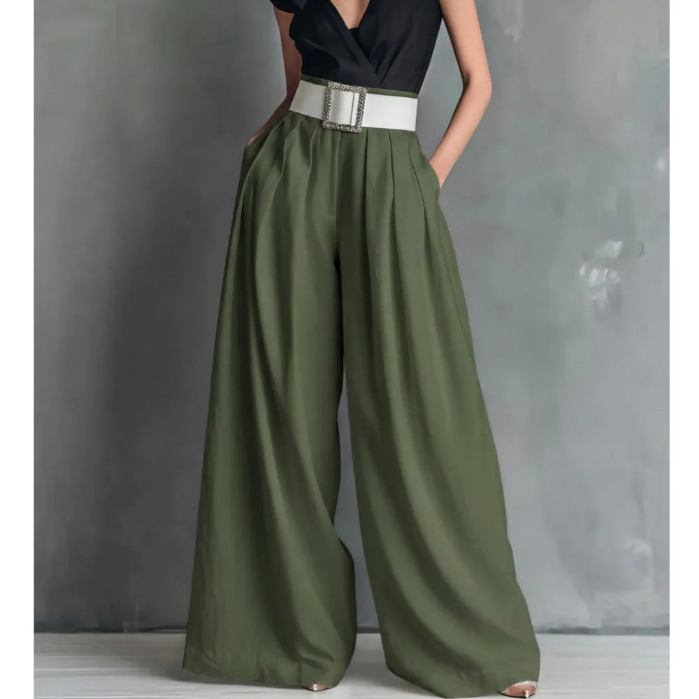 Saashi Women's Summer Solid Color Fashion High Waist Loose Workplace Wide Leg.