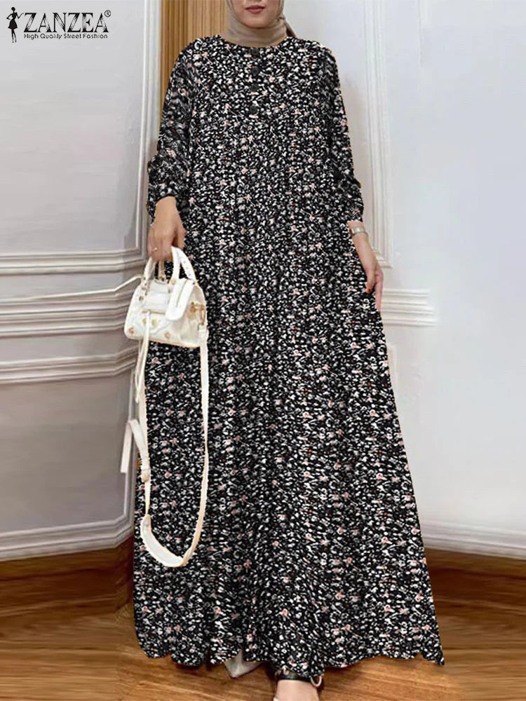 Saashi Vintage Printed Muslim Abaya Dress for Women Long Sleeve Hijab Sundress Ramadan Wear
