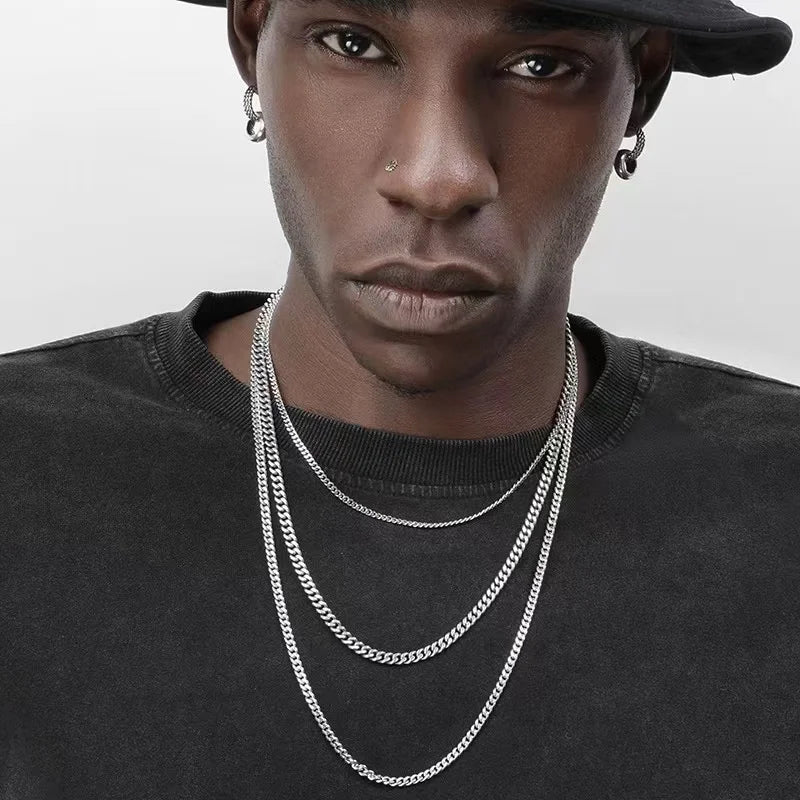 Saashi Hip Hop Cuban Chain Necklace Rock Stainless Steel Basic Men Women Jewelry.