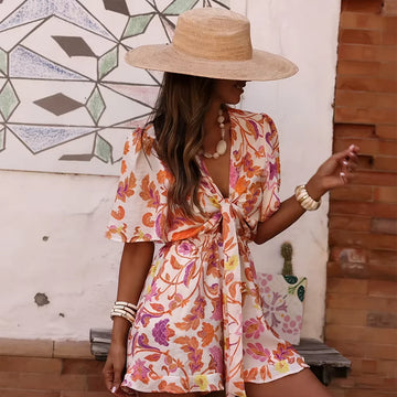 Saashi V Neck Dress Waist Tie Slim Fit Elegant Summer Style