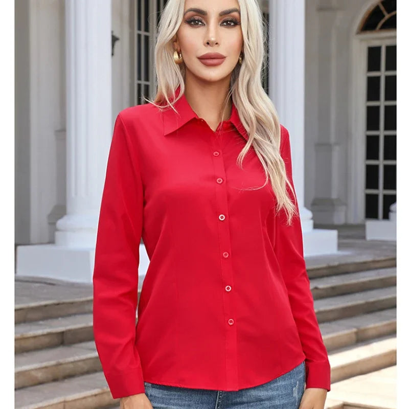 Saashi Plus Size Red Button-Up Shirt for Women Slim Fit Long Sleeve Office Blouse