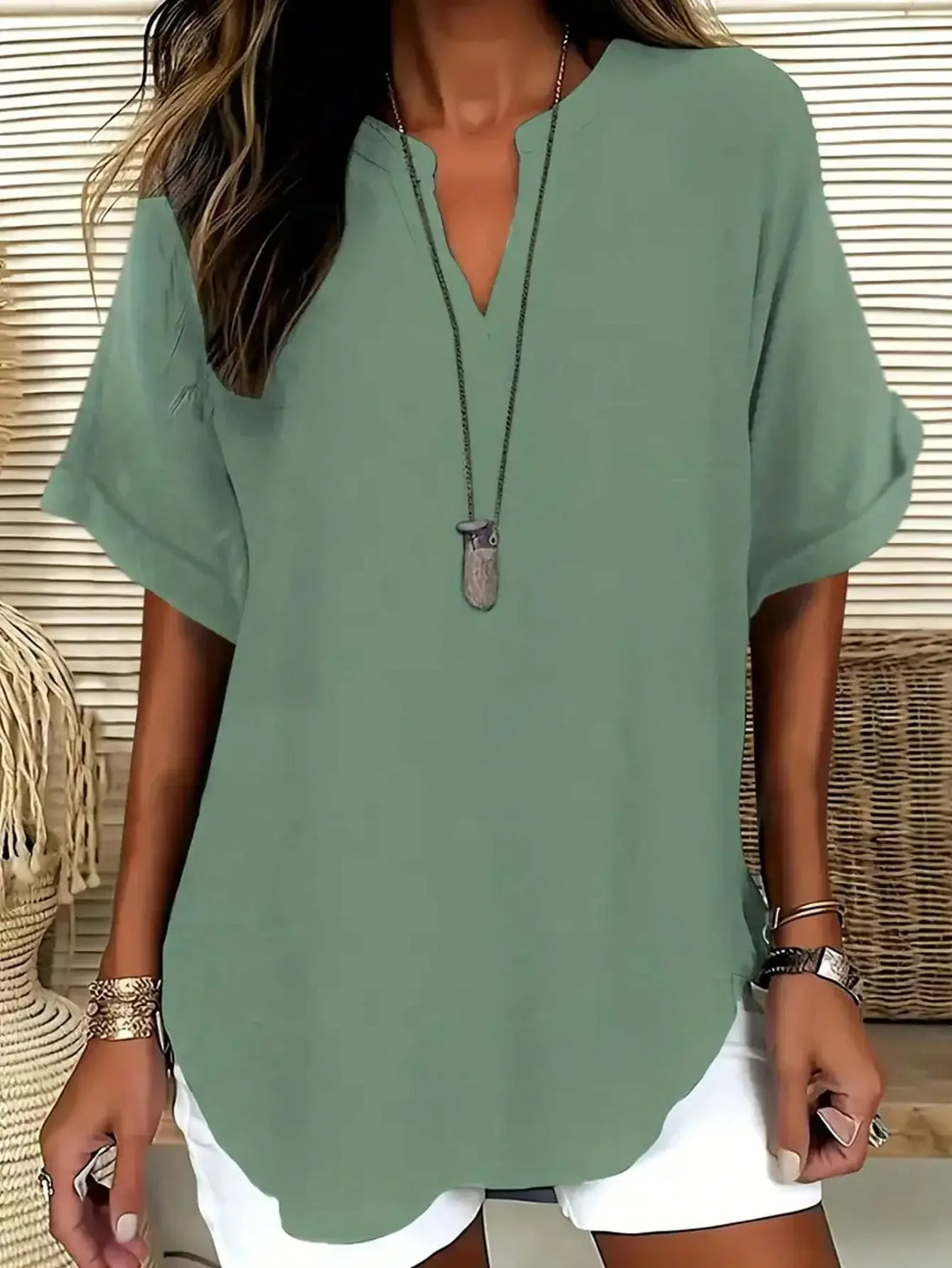 Saashi Plus Size Solid Notched V-Neck Blouse for Women Casual Short Sleeve Summer Top