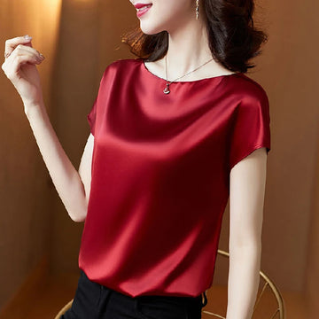 Saashi Satin Blouse Short Sleeve Loose Fit Office Casual Top